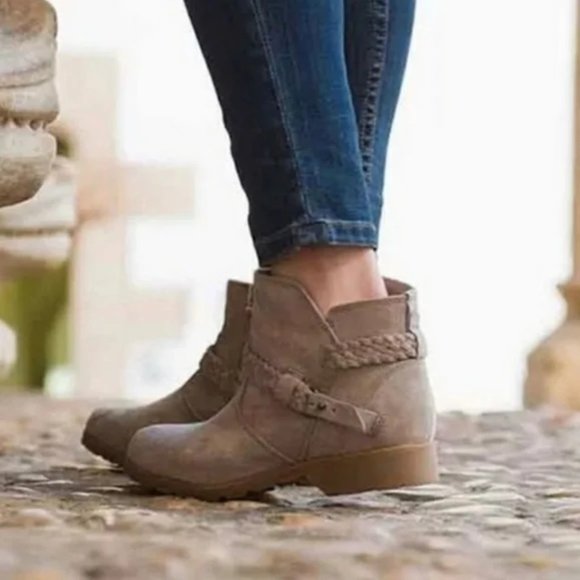 Teva Delavina Ankle Boots Womens 5.5 Tan Heeled Braided Strap Suede Leat… - Picture 1 of 8